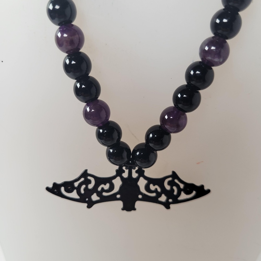 Amethyst & Black Beaded Bat Necklace Statement‎ Gothic Halloween Costume Jewelry